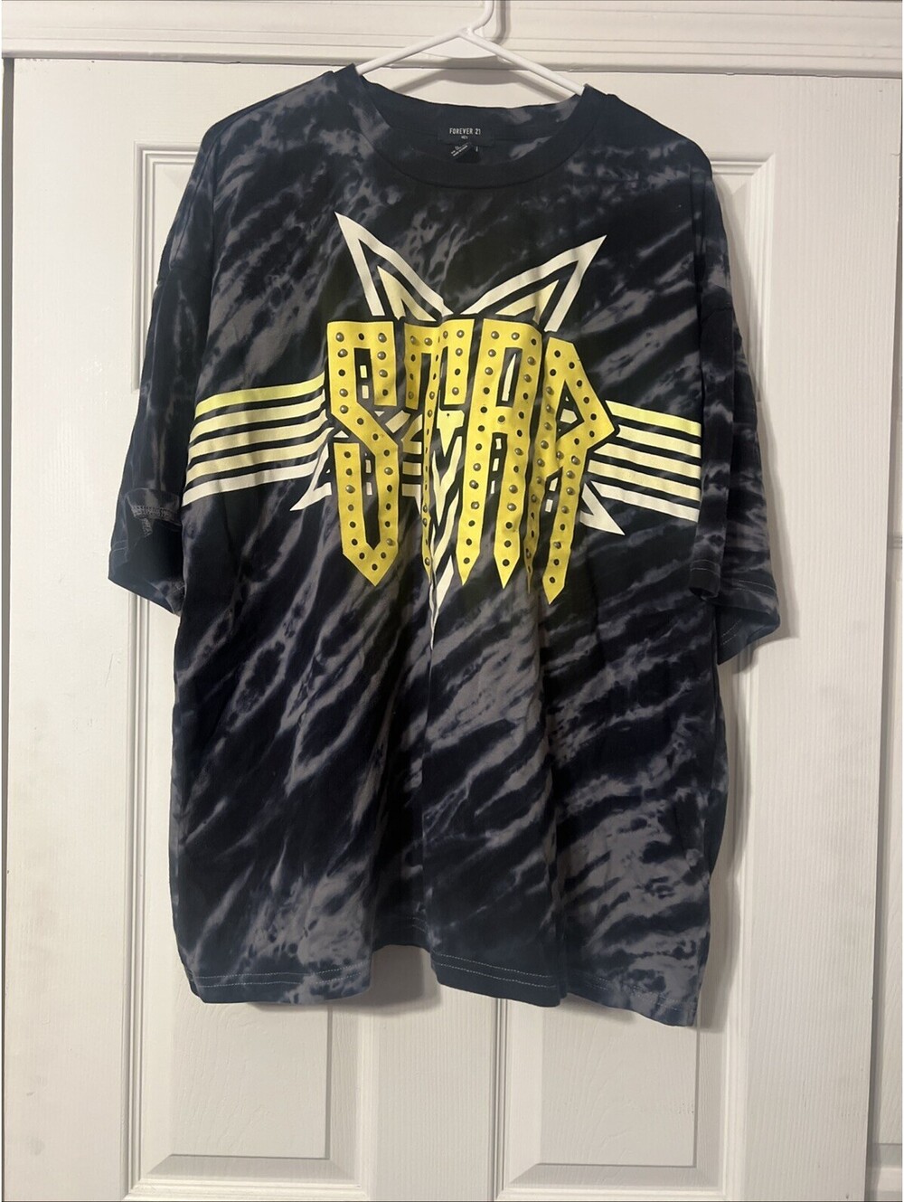 Forever 21 t-shirt black and grey tie-dye pattern with a large, Stud Logo Size L